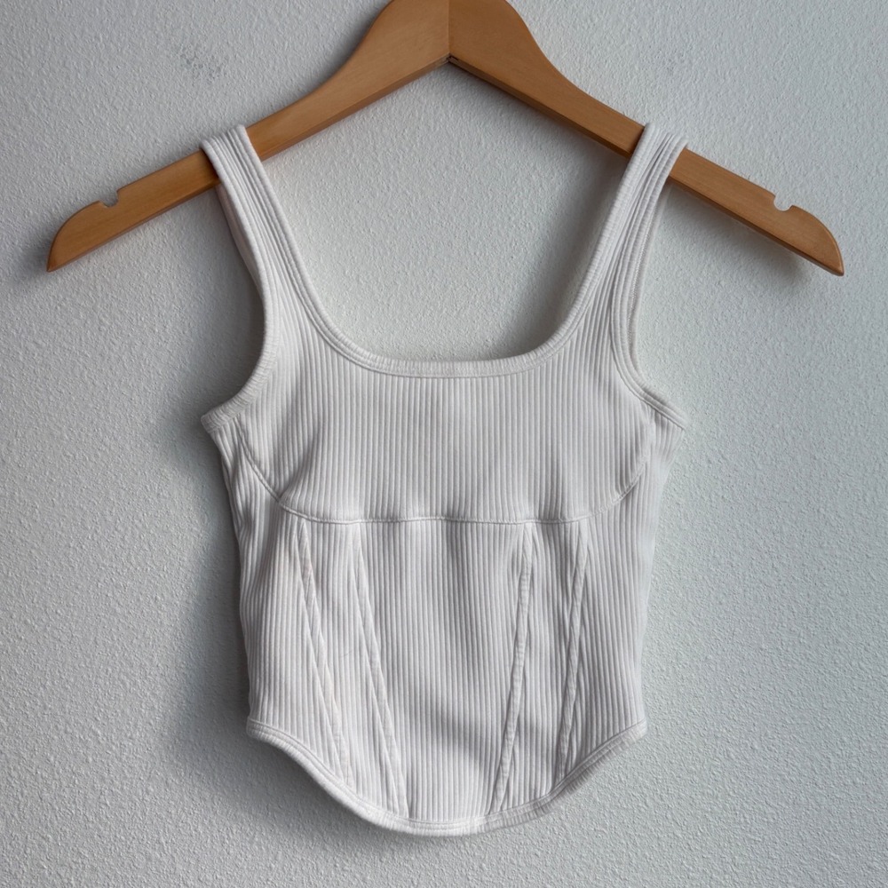 PINK Victorias Secret White Ribbed Corset Tank Top Scoop Neck Curved Hem XS